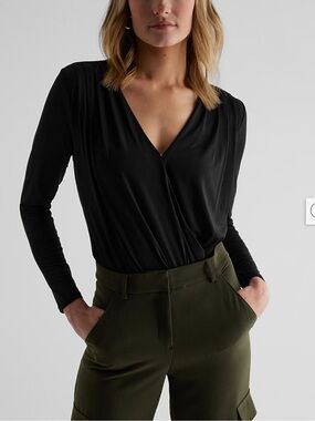 Express Black Wrap-Front Long Sleeve Bodysuit